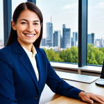 **

"A professional businesswoman in a modest, dark blue business suit, sitting at a large, organized desk in a bright, modern office overlooking a cityscape. She is smiling warmly and looking directly at the viewer. Fully clothed, appropriate attire, safe for work, perfect anatomy, natural proportions, professional photography, high quality, family-friendly, well-formed hands, proper finger count."

**