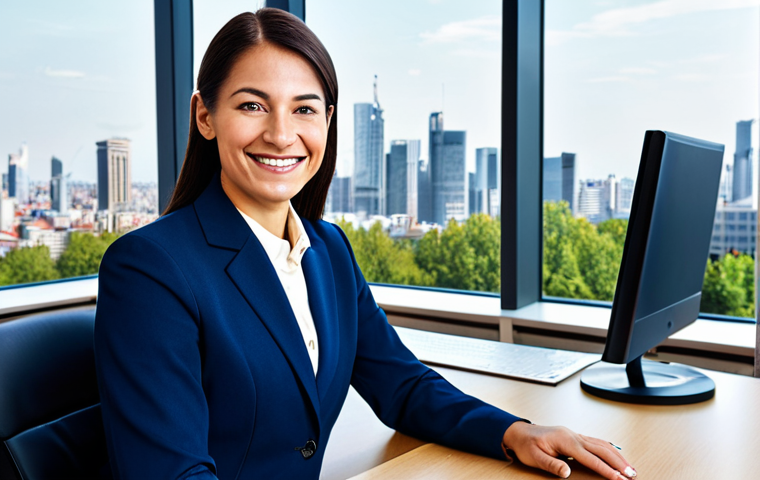 **
"A professional businesswoman in a modest, dark blue business suit, sitting at a large, organized desk in a bright, modern office overlooking a cityscape. She is smiling warmly and looking directly at the viewer. Fully clothed, appropriate attire, safe for work, perfect anatomy, natural proportions, professional photography, high quality, family-friendly, well-formed hands, proper finger count."
**