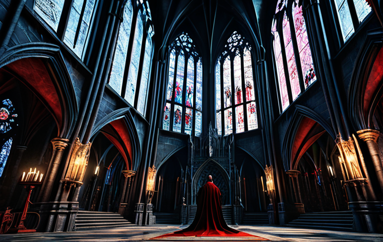 **Gothic Cathedral Interior, Diablo IV Style:** A vast, dark gothic cathedral interior, inspired by Diablo IV. High quality textures, volumetric lighting shining through stained glass windows, emphasizing the details in the stone architecture. Figures of fully clothed warriors and mages engaged in battle with demonic entities, safe for work. Professional, appropriate content, perfect anatomy, natural proportions, high resolution.
