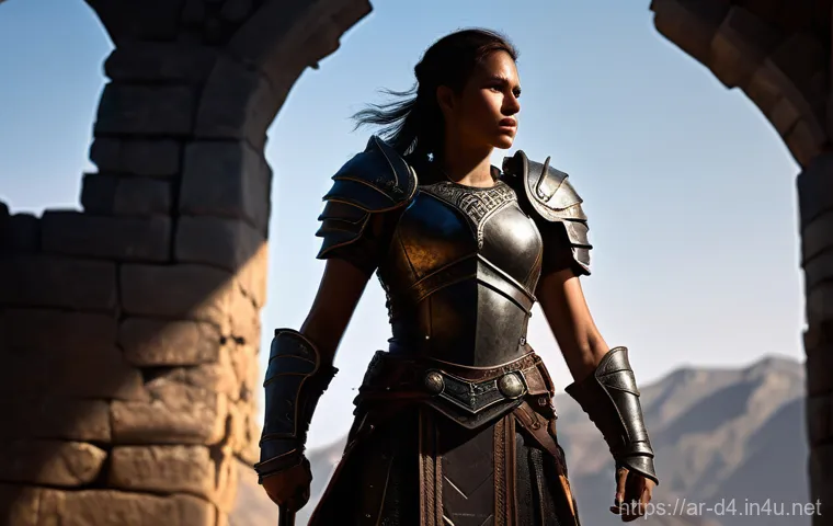 디아블로4 레이드 공략 - **Prompt:** A determined female barbarian, clad in practical leather and metal armor, stands resolut...