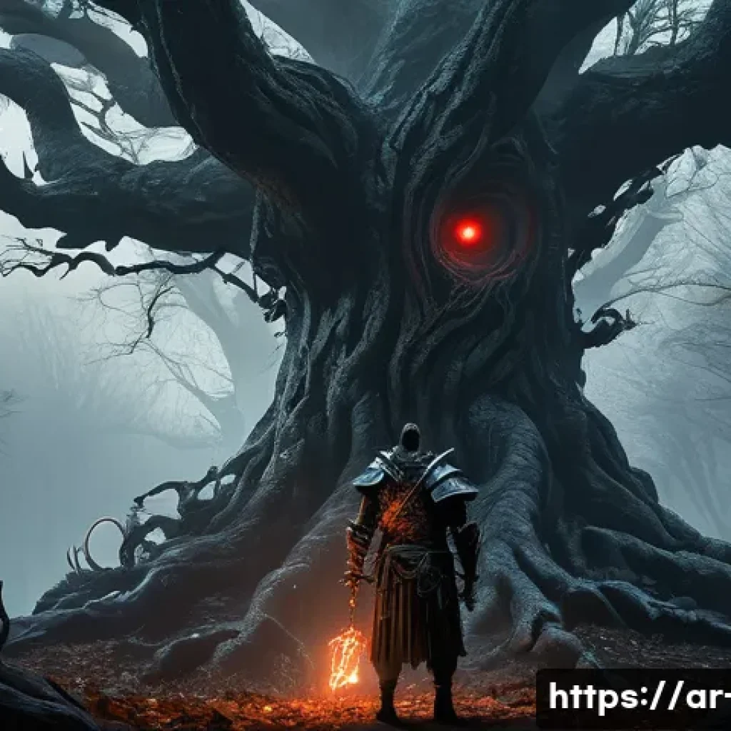 디아블로4 주간 퀘스트 가이드 - **Prompt:** A lone, formidable Barbarian warrior, male, stands before the ancient and gnarled Tree o...